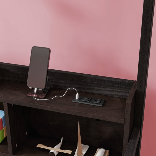 English Elm Twin House Bed Pine Wood Frame with Led Lighting Charging Station and Storage Shelves Espresso W504P460866
