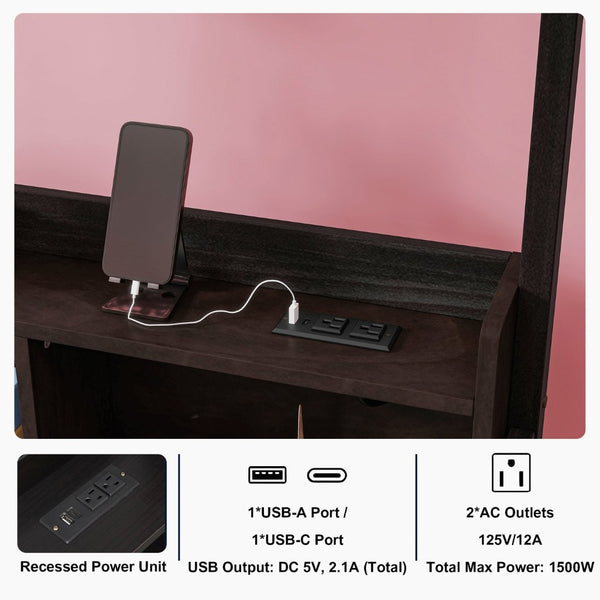 English Elm Twin House Bed Pine Wood Frame with Led Lighting Charging Station and Storage Shelves Espresso W504P460866