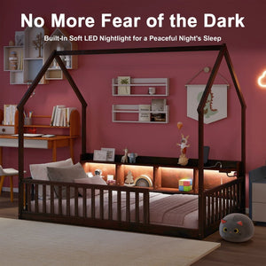 English Elm Twin House Bed Pine Wood Frame with Led Lighting Charging Station and Storage Shelves Espresso W504P460866