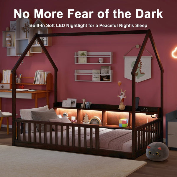 English Elm Twin House Bed Pine Wood Frame with Led Lighting Charging Station and Storage Shelves Espresso W504P460866