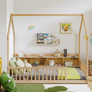 English Elm Twin House Bed Pine Wood Frame with Led Lighting Charging Station and Storage Shelves Natural W504P460867