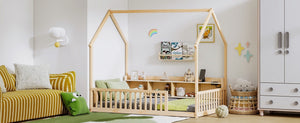 English Elm Twin House Bed Pine Wood Frame with Led Lighting Charging Station and Storage Shelves Natural W504P460867