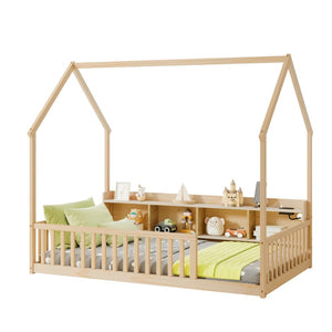 English Elm Twin House Bed Pine Wood Frame with Led Lighting Charging Station and Storage Shelves Natural W504P460867