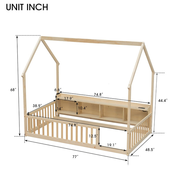 English Elm Twin House Bed Pine Wood Frame with Led Lighting Charging Station and Storage Shelves Natural W504P460867