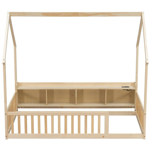 English Elm Twin House Bed Pine Wood Frame with Led Lighting Charging Station and Storage Shelves Natural W504P460867