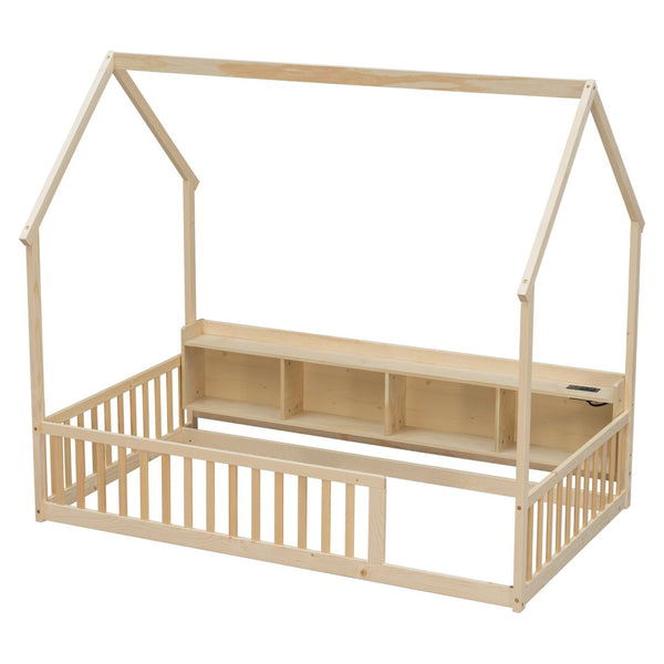 English Elm Twin House Bed Pine Wood Frame with Led Lighting Charging Station and Storage Shelves Natural W504P460867