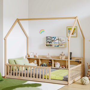 English Elm Twin House Bed Pine Wood Frame with Led Lighting Charging Station and Storage Shelves Natural W504P460867
