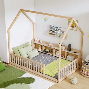 English Elm Twin House Bed Pine Wood Frame with Led Lighting Charging Station and Storage Shelves Natural W504P460867