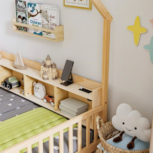 English Elm Twin House Bed Pine Wood Frame with Led Lighting Charging Station and Storage Shelves Natural W504P460867
