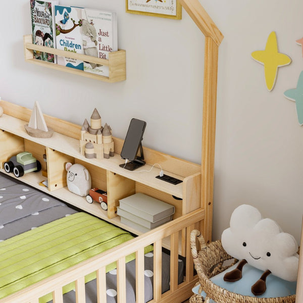English Elm Twin House Bed Pine Wood Frame with Led Lighting Charging Station and Storage Shelves Natural W504P460867