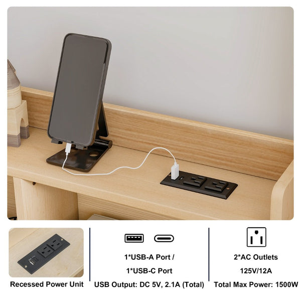 English Elm Twin House Bed Pine Wood Frame with Led Lighting Charging Station and Storage Shelves Natural W504P460867