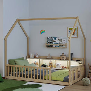 English Elm Twin House Bed Pine Wood Frame with Led Lighting Charging Station and Storage Shelves Natural W504P460867