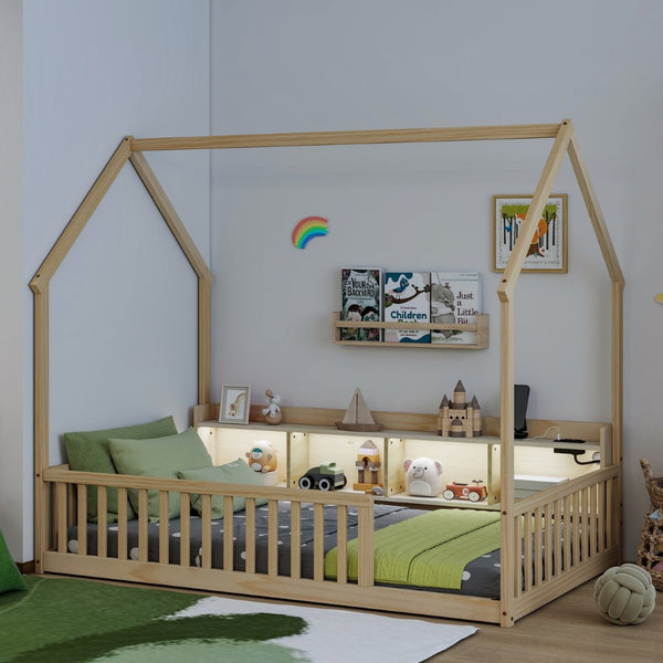English Elm Twin House Bed Pine Wood Frame with Led Lighting Charging Station and Storage Shelves Natural W504P460867