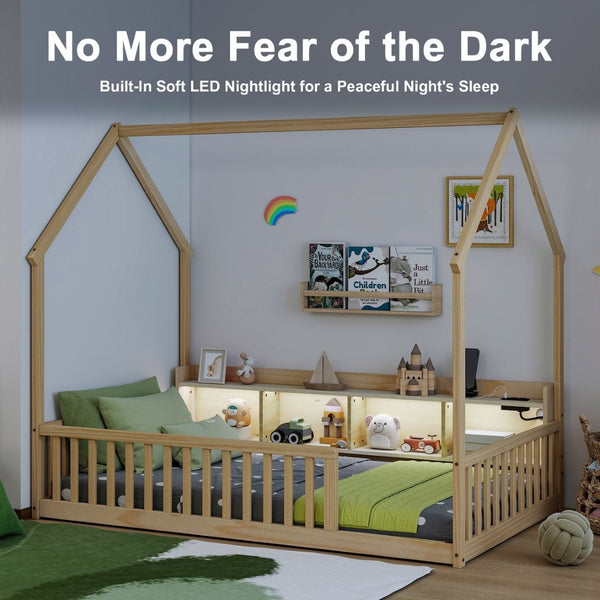 English Elm Twin House Bed Pine Wood Frame with Led Lighting Charging Station and Storage Shelves Natural W504P460867