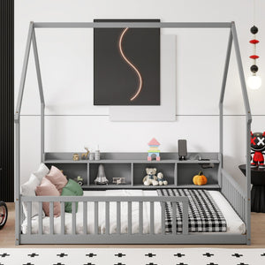 English Elm Full Size Pine House Bed with Led Lighting Built-in Storage and Charging Station for Kids Grey W504P460869