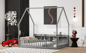 English Elm Full Size Pine House Bed with Led Lighting Built-in Storage and Charging Station for Kids Grey W504P460869
