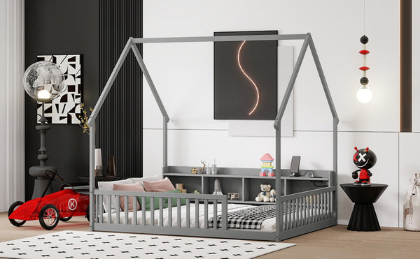 English Elm Full Size Pine House Bed with Led Lighting Built-in Storage and Charging Station for Kids Grey W504P460869