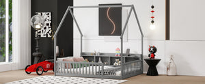 English Elm Full Size Pine House Bed with Led Lighting Built-in Storage and Charging Station for Kids Grey W504P460869