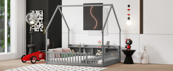 English Elm Full Size Pine House Bed with Led Lighting Built-in Storage and Charging Station for Kids Grey W504P460869