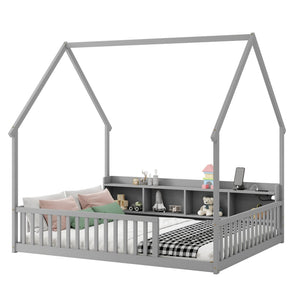 English Elm Full Size Pine House Bed with Led Lighting Built-in Storage and Charging Station for Kids Grey W504P460869