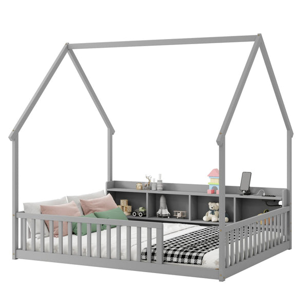 English Elm Full Size Pine House Bed with Led Lighting Built-in Storage and Charging Station for Kids Grey W504P460869