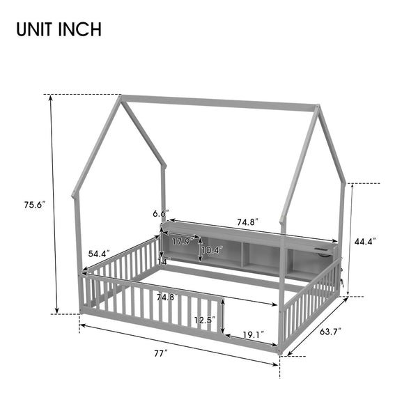 English Elm Full Size Pine House Bed with Led Lighting Built-in Storage and Charging Station for Kids Grey W504P460869