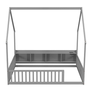English Elm Full Size Pine House Bed with Led Lighting Built-in Storage and Charging Station for Kids Grey W504P460869