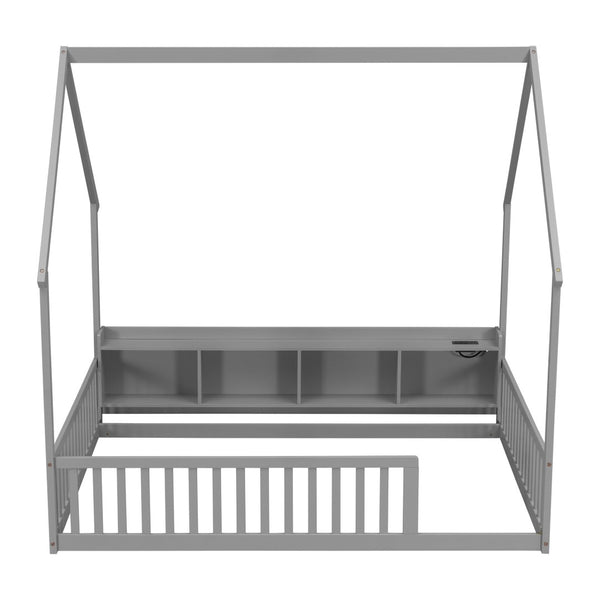 English Elm Full Size Pine House Bed with Led Lighting Built-in Storage and Charging Station for Kids Grey W504P460869