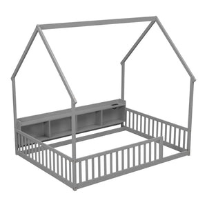 English Elm Full Size Pine House Bed with Led Lighting Built-in Storage and Charging Station for Kids Grey W504P460869