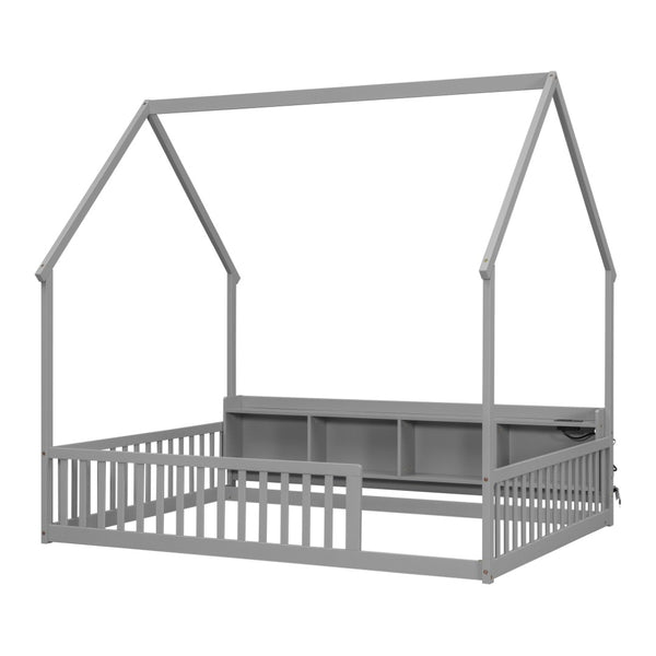English Elm Full Size Pine House Bed with Led Lighting Built-in Storage and Charging Station for Kids Grey W504P460869