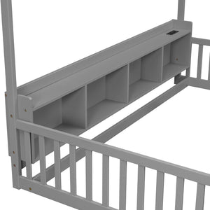 English Elm Full Size Pine House Bed with Led Lighting Built-in Storage and Charging Station for Kids Grey W504P460869