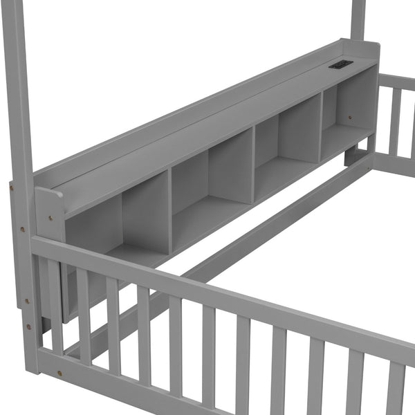 English Elm Full Size Pine House Bed with Led Lighting Built-in Storage and Charging Station for Kids Grey W504P460869