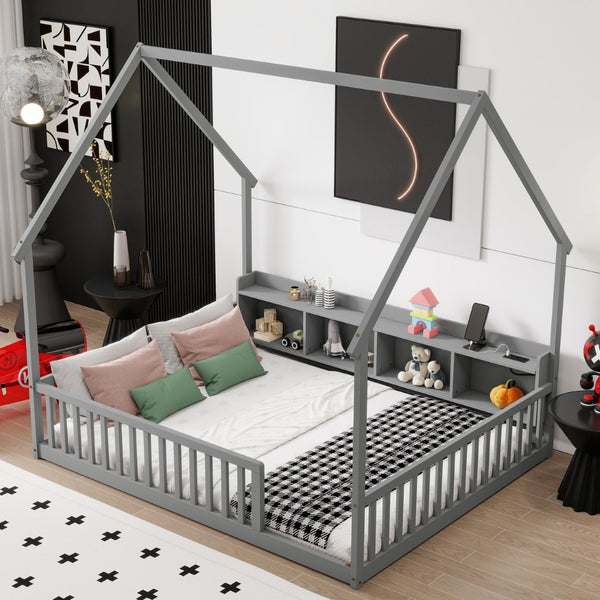 English Elm Full Size Pine House Bed with Led Lighting Built-in Storage and Charging Station for Kids Grey W504P460869