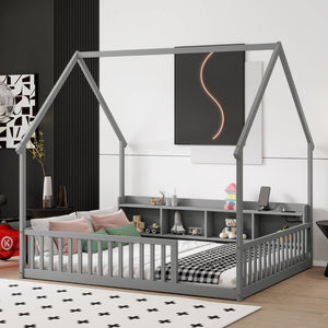 English Elm Full Size Pine House Bed with Led Lighting Built-in Storage and Charging Station for Kids Grey W504P460869