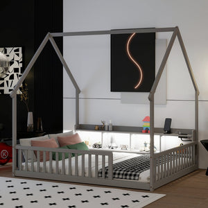 English Elm Full Size Pine House Bed with Led Lighting Built-in Storage and Charging Station for Kids Grey W504P460869