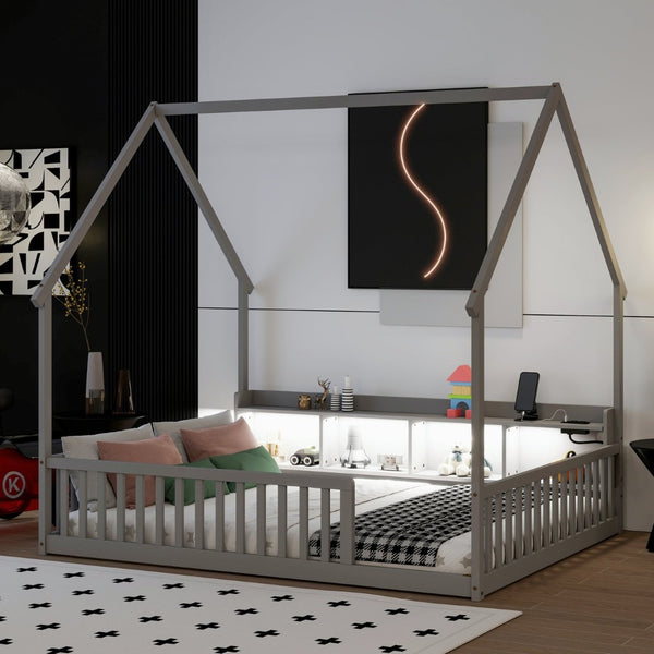English Elm Full Size Pine House Bed with Led Lighting Built-in Storage and Charging Station for Kids Grey W504P460869