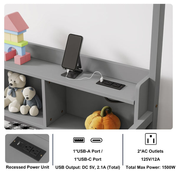 English Elm Full Size Pine House Bed with Led Lighting Built-in Storage and Charging Station for Kids Grey W504P460869