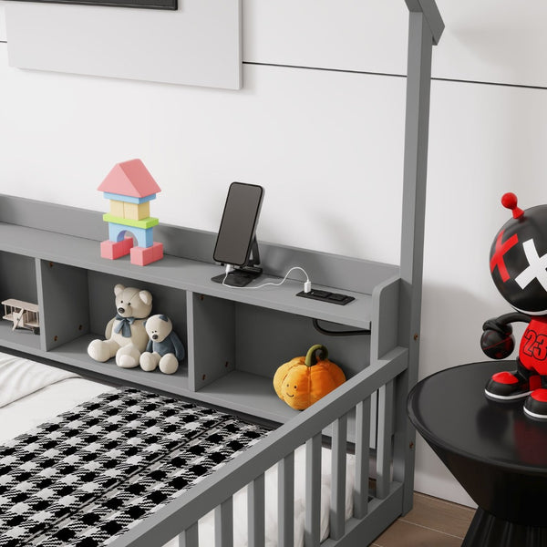 English Elm Full Size Pine House Bed with Led Lighting Built-in Storage and Charging Station for Kids Grey W504P460869