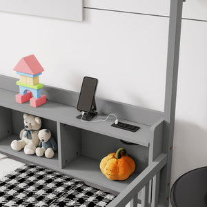 English Elm Full Size Pine House Bed with Led Lighting Built-in Storage and Charging Station for Kids Grey W504P460869