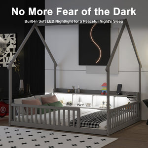English Elm Full Size Pine House Bed with Led Lighting Built-in Storage and Charging Station for Kids Grey W504P460869