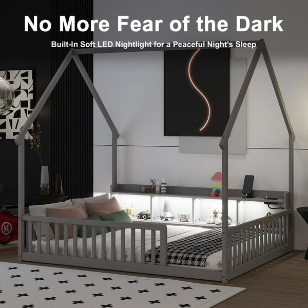 English Elm Full Size Pine House Bed with Led Lighting Built-in Storage and Charging Station for Kids Grey W504P460869