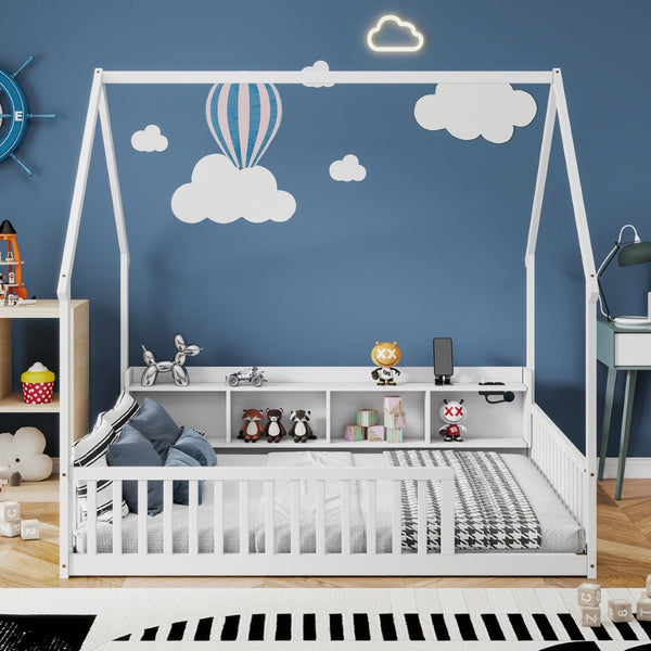 English Elm Full Size Pine House Bed with Led Lighting Built-in Storage and Charging Station for Kids White W504P460870