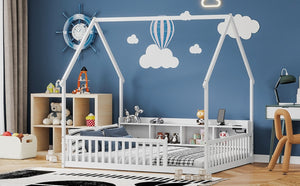 English Elm Full Size Pine House Bed with Led Lighting Built-in Storage and Charging Station for Kids White W504P460870