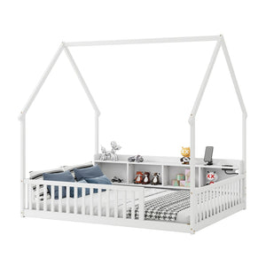 English Elm Full Size Pine House Bed with Led Lighting Built-in Storage and Charging Station for Kids White W504P460870