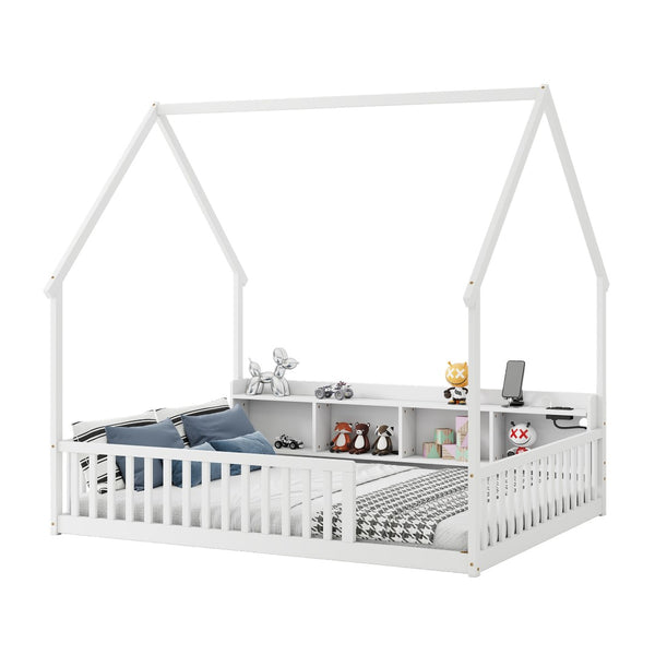 English Elm Full Size Pine House Bed with Led Lighting Built-in Storage and Charging Station for Kids White W504P460870