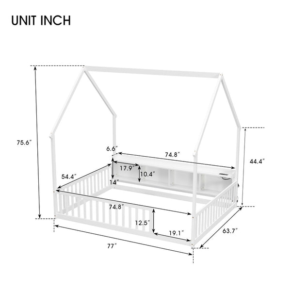 English Elm Full Size Pine House Bed with Led Lighting Built-in Storage and Charging Station for Kids White W504P460870
