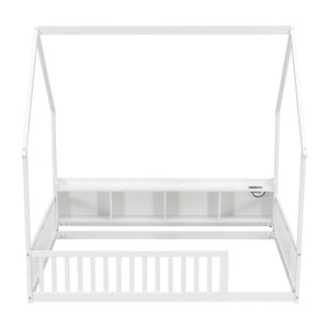 English Elm Full Size Pine House Bed with Led Lighting Built-in Storage and Charging Station for Kids White W504P460870