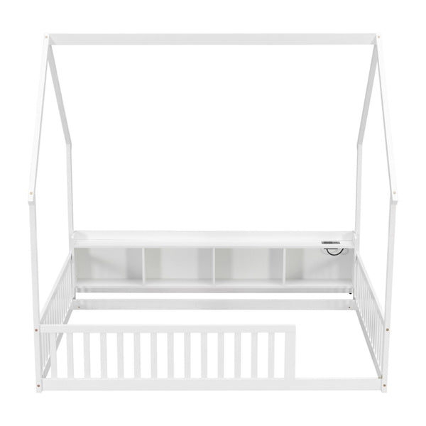 English Elm Full Size Pine House Bed with Led Lighting Built-in Storage and Charging Station for Kids White W504P460870