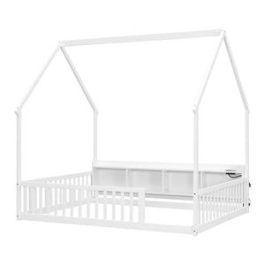 English Elm Full Size Pine House Bed with Led Lighting Built-in Storage and Charging Station for Kids White W504P460870