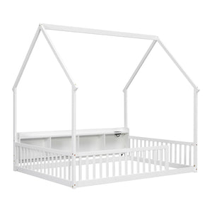 English Elm Full Size Pine House Bed with Led Lighting Built-in Storage and Charging Station for Kids White W504P460870